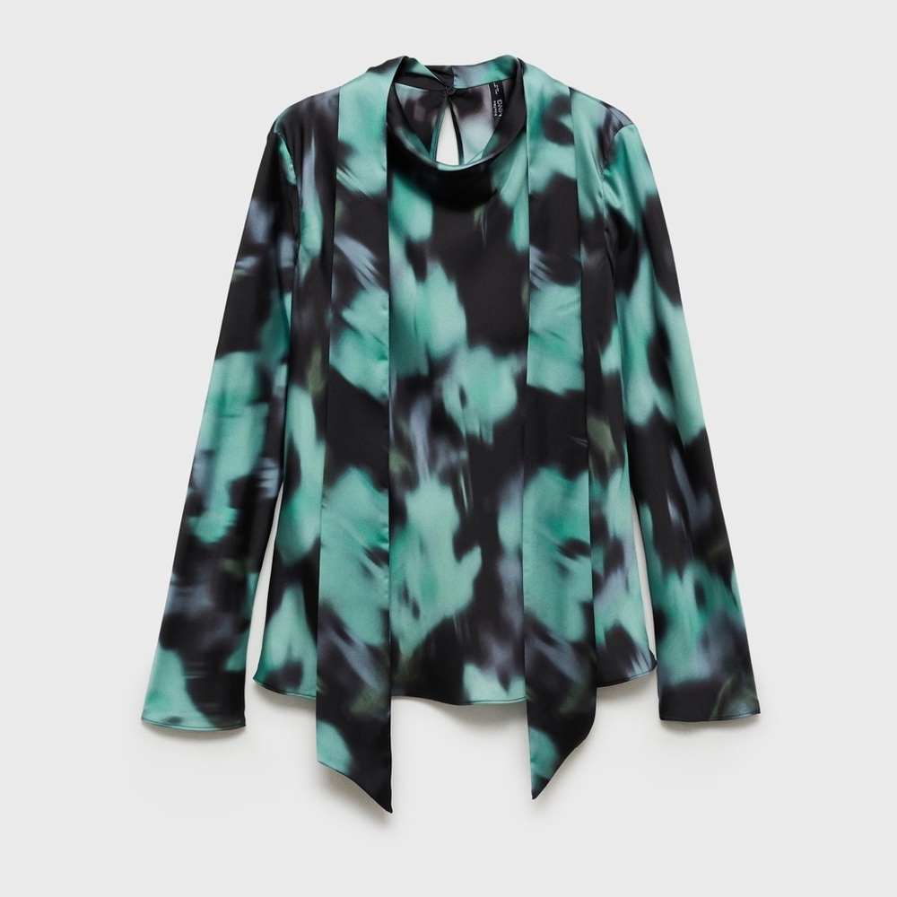 Mango Green and Black printed blouse with bow NWT - Picture 2 of 6